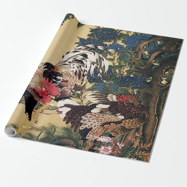 Papier Cadeau Coq Poule et Hydrangea par Ito Jakuchu (Déroulé)