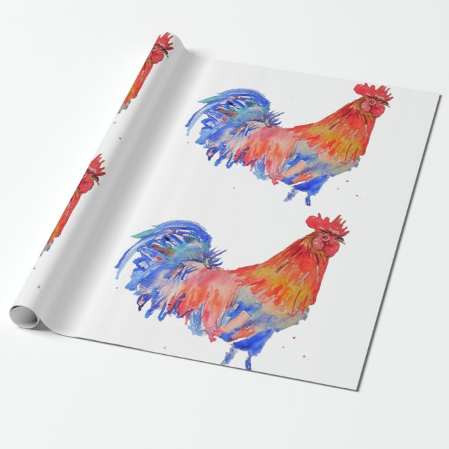Papier Cadeau Coq rouge poulet Rooster Watercolor Wrapper W (Déroulé)