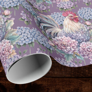 Papier Cadeau Coqs et Hydrangeas Bleu Violet Gris Maison de Camp