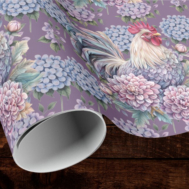 Papier Cadeau Coqs et Hydrangeas Bleu Violet Gris Maison de Camp (Créateur téléchargé)