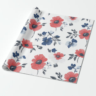 Papier Cadeau Coquelicot de corail Navy Blue Floral Botanique