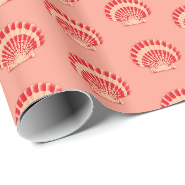 Papier Cadeau Coques marines - corail et pêche (Coin rond)