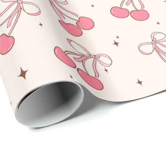 Papier Cadeau Coquette Cherry Pink Bow Girly Wrapping Paper Roll (Coin rond)