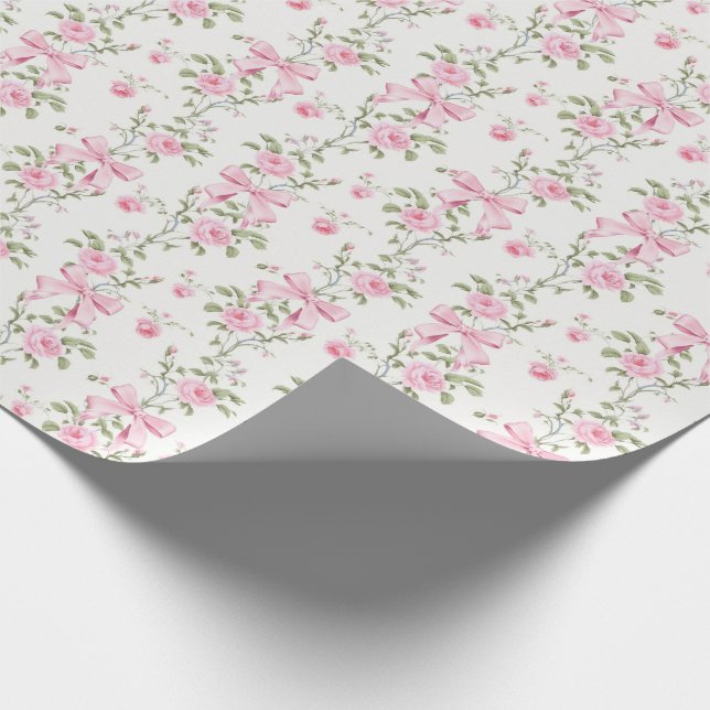 Papier Cadeau Coquette Florale Nœud Rose Mignon  (Coin)