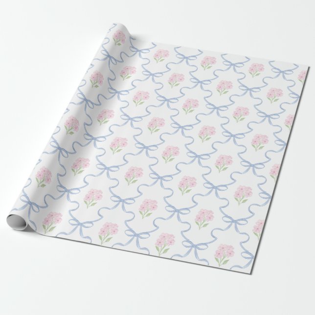 Papier Cadeau Coquette Pink Forget-Me-Nots Blue Bow Trellis (Déroulé)