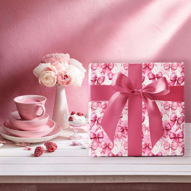 Papier Cadeau Coquette rose épaisse et capricieuse Bows Ribbons (Elegant and Whimsical Pink Coquette Bows and Ribbons with Pink Polka Dots Wrapping Paper)