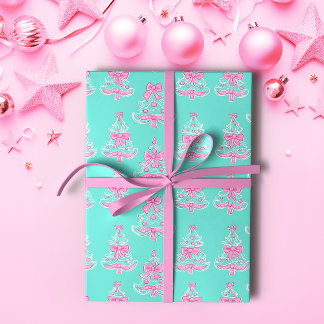 Papier Cadeau Coquette rose et menthe Arbres de Noël