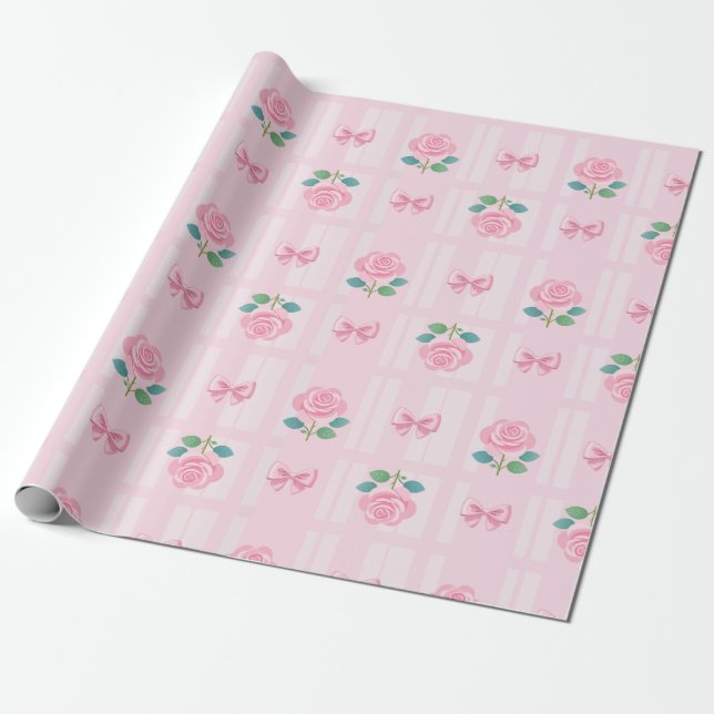 Papier Cadeau Coquette rose Preppy Ruban et Rose (Déroulé)