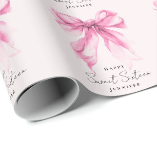 Papier Cadeau Coquette Script Rose Bow Sweet 16 Fête Blush