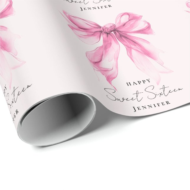 Papier Cadeau Coquette Script Rose Bow Sweet 16 Fête Blush  (Coin rond)