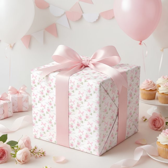 Papier Cadeau Coquette Toile De Jouy Pink Bow Wrapping Paper (Coquette Toile De Jouy Pink Bow Wrapping Paper)