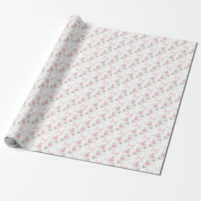 Papier Cadeau Coquette Toile De Jouy Pink Bow Wrapping Paper (Déroulé)