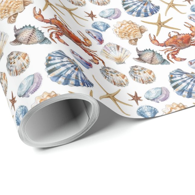 Papier Cadeau Coquillage de plage étoile de mer crabe  (Coin rond)