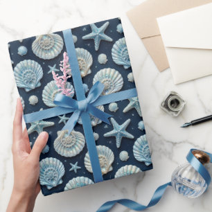 Papier Cadeau Coquillage étoile de mer nautique bleu et blanc 
