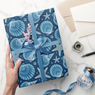 Papier Cadeau Coquillage étoile de mer nautique bleu et blanc 