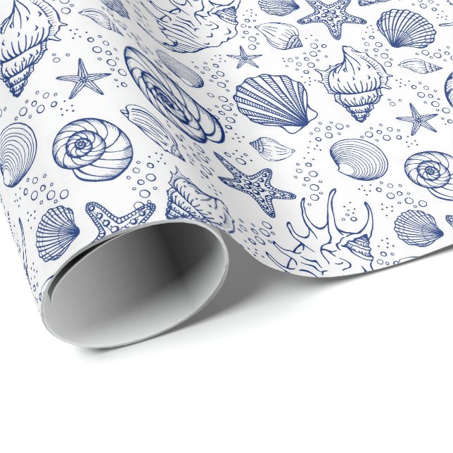 Papier cadeau coquillages bleu et blanc (Coin rond)