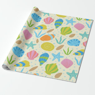 Papier Cadeau Coquillages colorés et étoiles de mer du littoral 