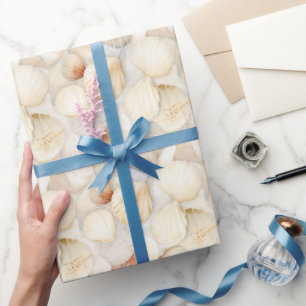 Papier Cadeau Coquilles de Mer Crème Sable Ivoire Mariage Plage