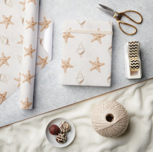 Papier Cadeau Coquilles d'étoiles de mer crème Mariage sur la pl (Artisanat)