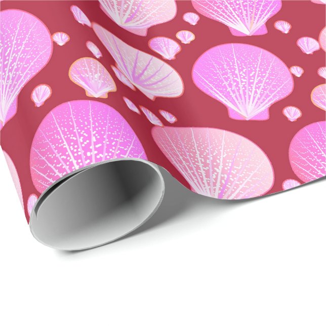 Papier Cadeau Coquilles roses sur fond bordeaux (Coin rond)