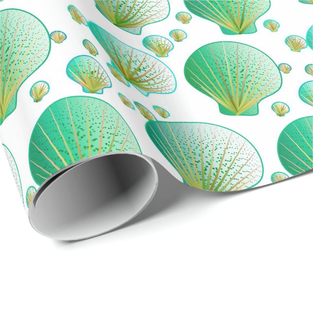 Papier Cadeau Coquilles vert mousse de mer sur fond blanc (Coin rond)