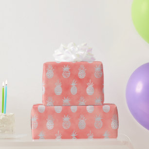 Papier Cadeau Corail & Ananas Argenté Luxe Été Tropical