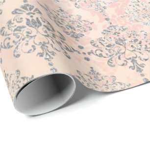Papier Cadeau Corail Argent Pêche Gris Métal Blush Damask Rose