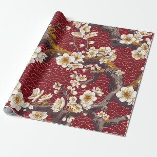 Papier Cadeau Corail Crème Bourguignon Motif Fleur de Prunier Ja