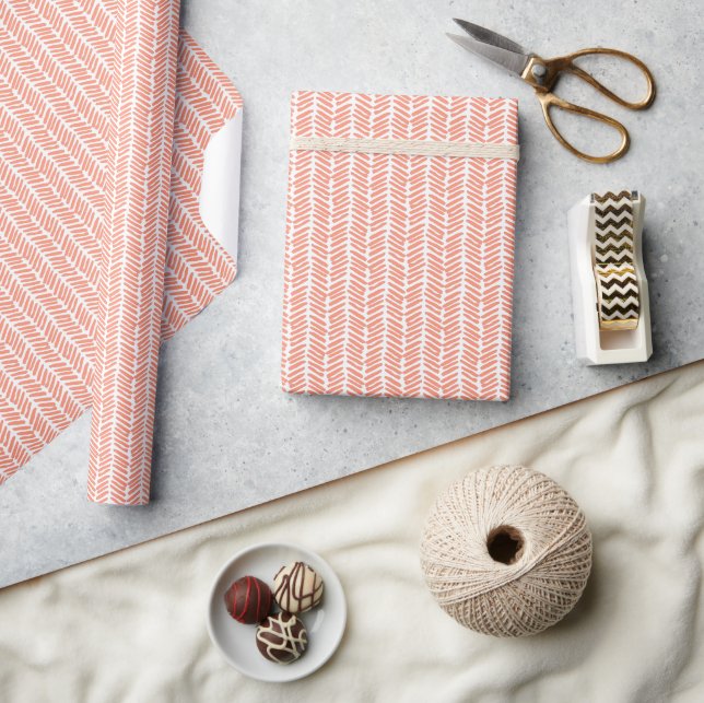Papier Cadeau Corail orange saumon blanc rayures zigzag été (Artisanat)