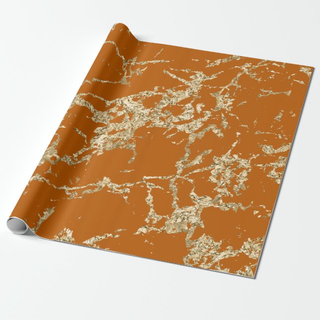 Papier Cadeau Corail Orange Skinny Marbre Or Tronc Pierre (Déroulé)