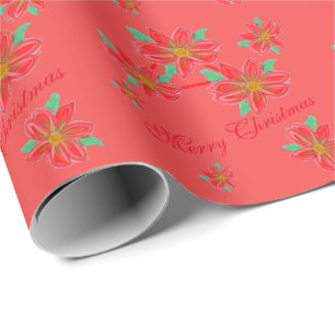 Papier Cadeau Corail Rose Et Poinsettias Rouge