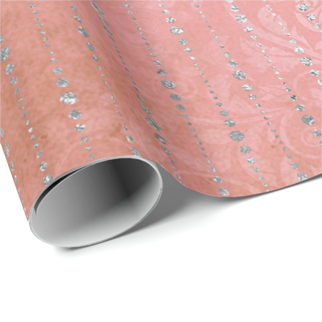 Papier Cadeau Corail Silver Peach Grey Metallic Pink Stripes Poi (Coin rond)
