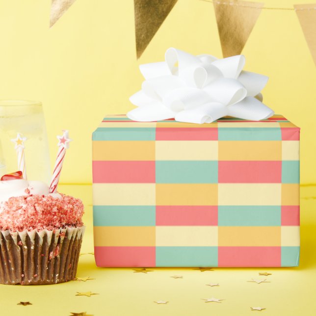 Papier Cadeau Corail Turquoise Jaune Papillon Rayures  (Fête d'anniversaire)