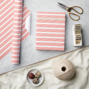 Papier Cadeau Corail vivant et blanc cinq bandes motif