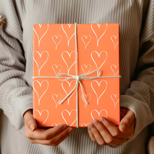 Papier Cadeau Coral Rose Contour de cœur blanc chic encadré