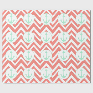 Papier Cadeau Coral rose et blanc Chevron avec Mint Nautical