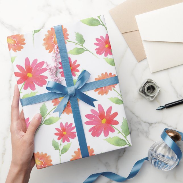 Papier Cadeau Coral rose Peach Aquarelle Motif marguerite (Cadeaux)