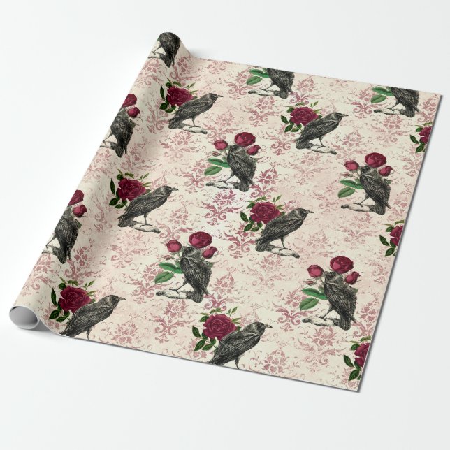 Papier Cadeau Corbeau et Damas Rose (Déroulé)
