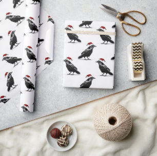 Papier Cadeau Corbeau noir avec motif de chapeau de père Noël ro
