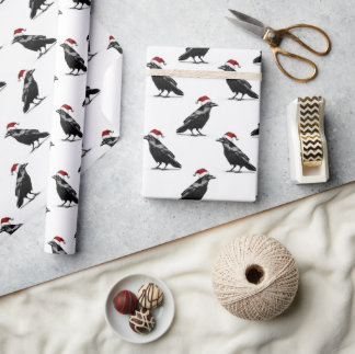 Papier Cadeau Corbeau noir avec motif de chapeau de père Noël ro