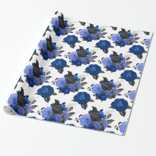 PAPIER CADEAU CORBEAUX NOIRS ROSES BLEU ROYAL FLEURS GOTH