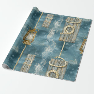 Papier Cadeau Corde de lanterne nautique motif bleu côtier (1)