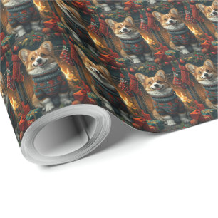 Papier Cadeau Corgi au coin du feu avec des cadeaux de Noël