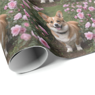 Papier Cadeau Corgi Dans Les Roses Rose,