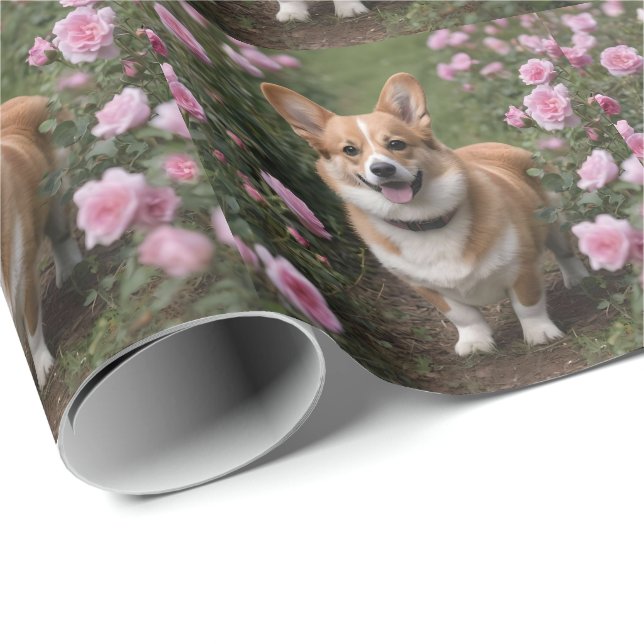 Papier Cadeau Corgi Dans Les Roses Rose, (Coin rond)