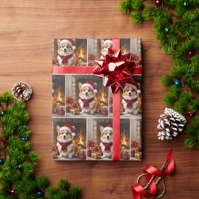 Papier Cadeau Corgi de Noël au coin du feu (Cadeau de vacances)