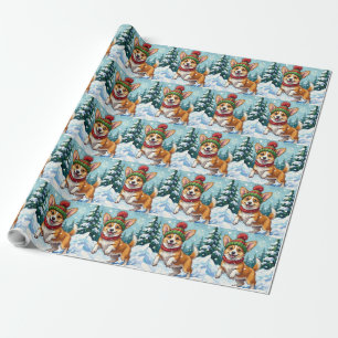 Papier Cadeau Corgi joyeux bondissant dans la neige avec un pomp