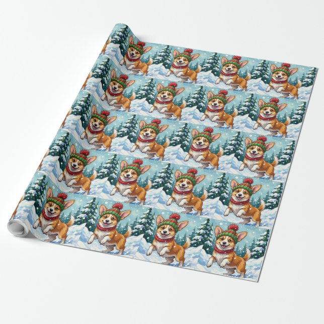 Papier Cadeau Corgi joyeux bondissant dans la neige avec un pomp (Déroulé)