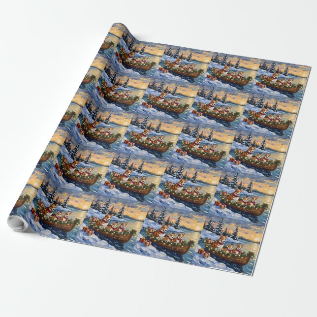 Papier Cadeau Corgi Noël Bateau Fêtes (Déroulé)