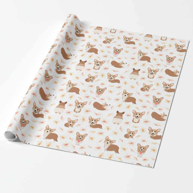 Papier Cadeau Corgi Sakura Cherry Blossom Motif (Déroulé)